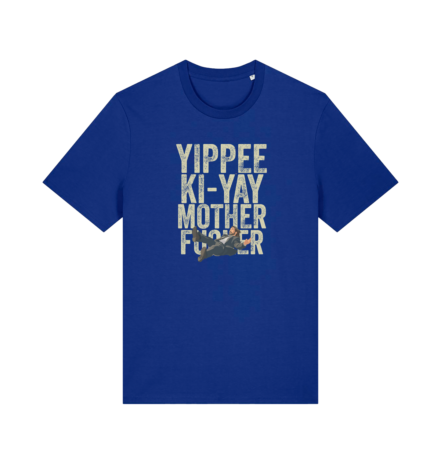 blue christmas t-shirt with the graphic of a man falling and the slogan 'yippee ki-yay mother fucker'