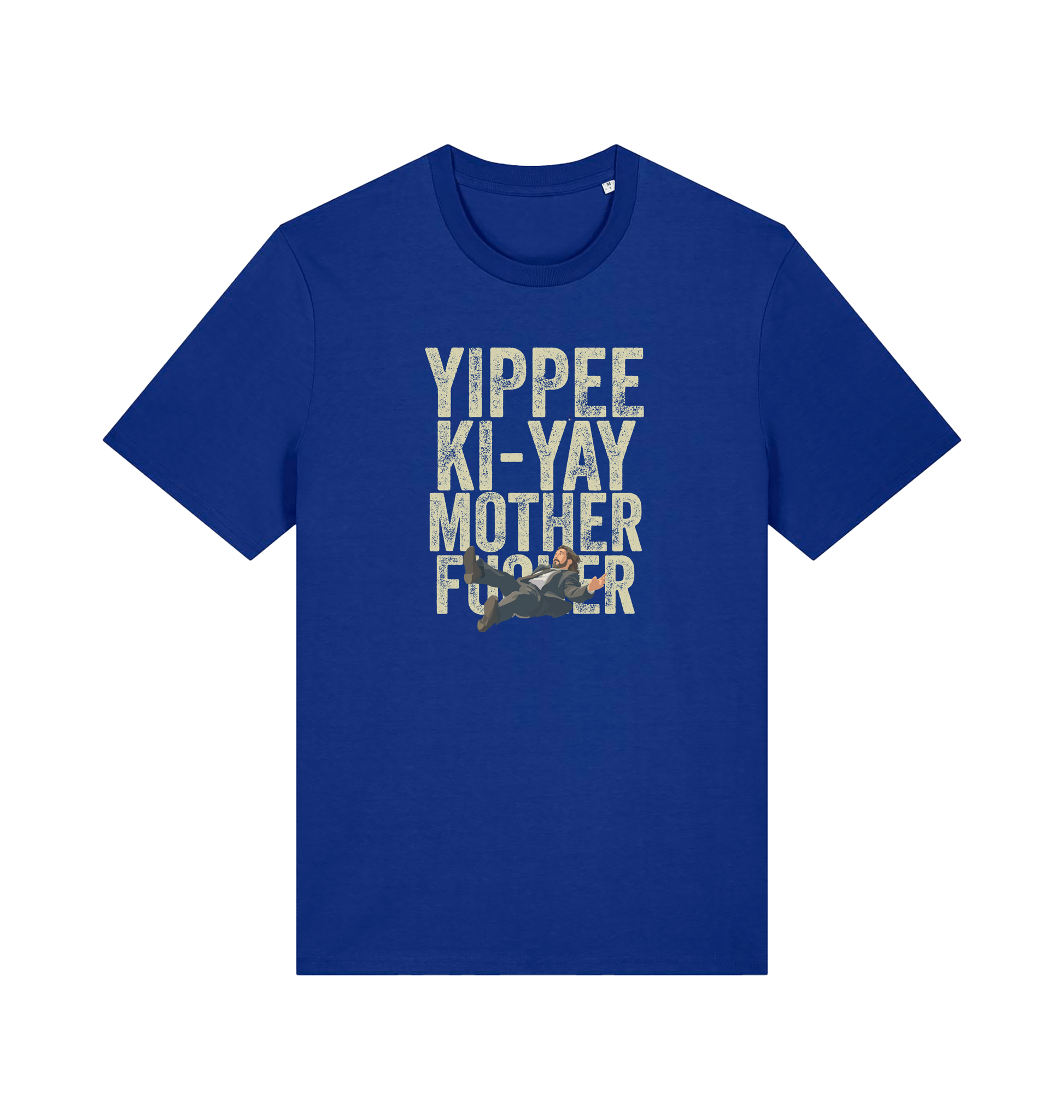 blue christmas t-shirt with the graphic of a man falling and the slogan 'yippee ki-yay mother fucker'