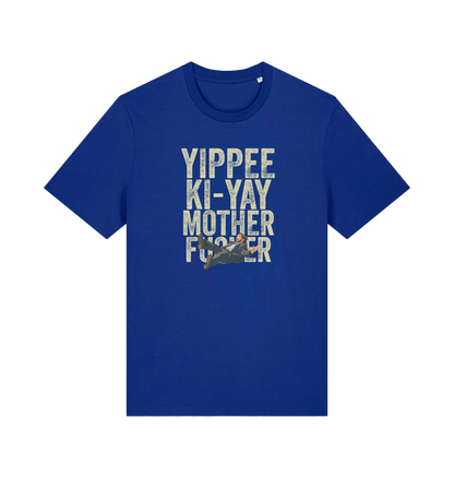 blue christmas t-shirt with the graphic of a man falling and the slogan 'yippee ki-yay mother fucker'