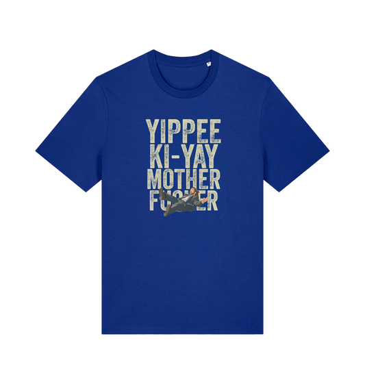 blue christmas t-shirt with the graphic of a man falling and the slogan 'yippee ki-yay mother fucker'