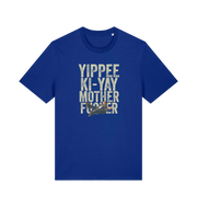 blue christmas t-shirt with the graphic of a man falling and the slogan 'yippee ki-yay mother fucker'