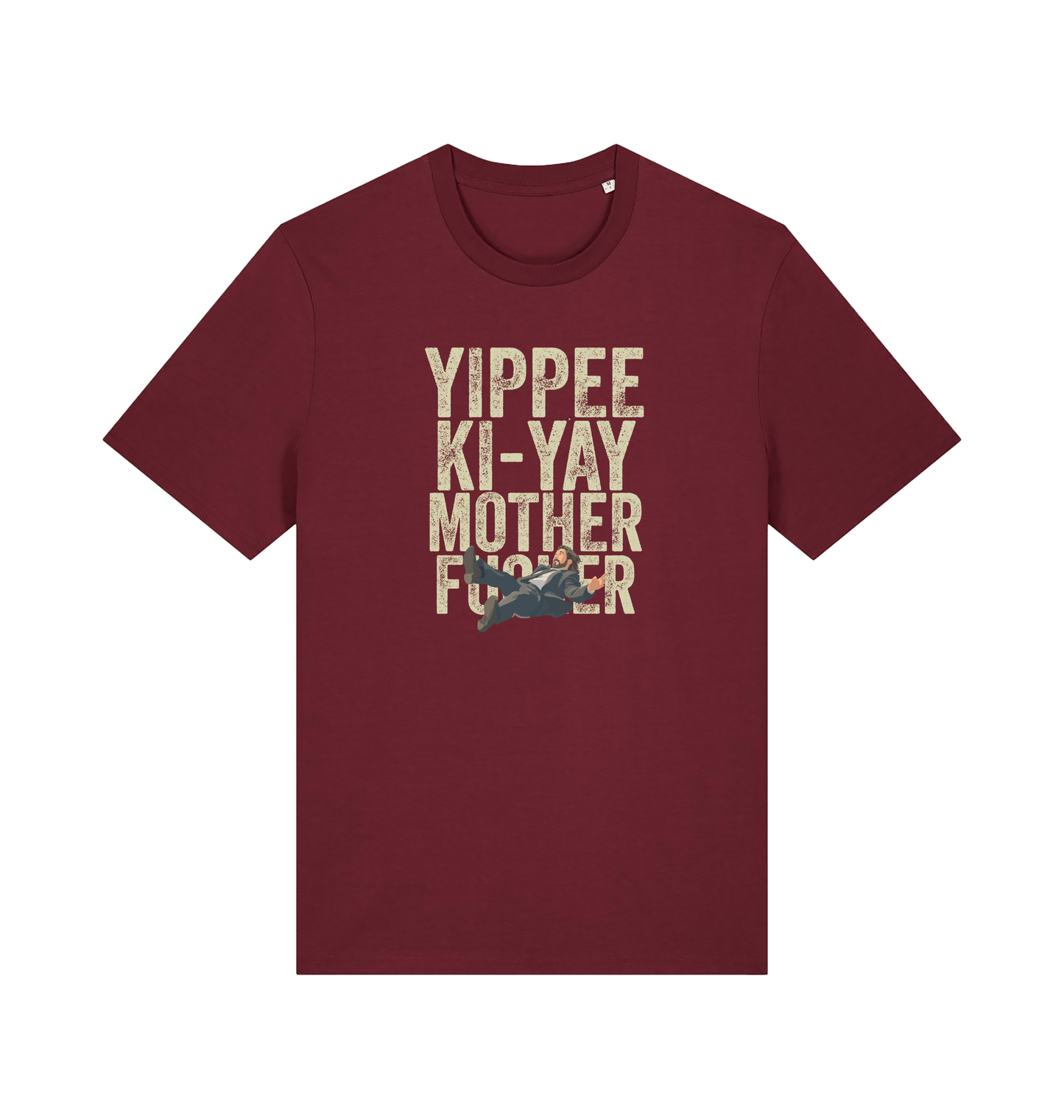 burgundy christmas t-shirt with the graphic of a man falling and the slogan 'yippee ki-yay mother fucker'