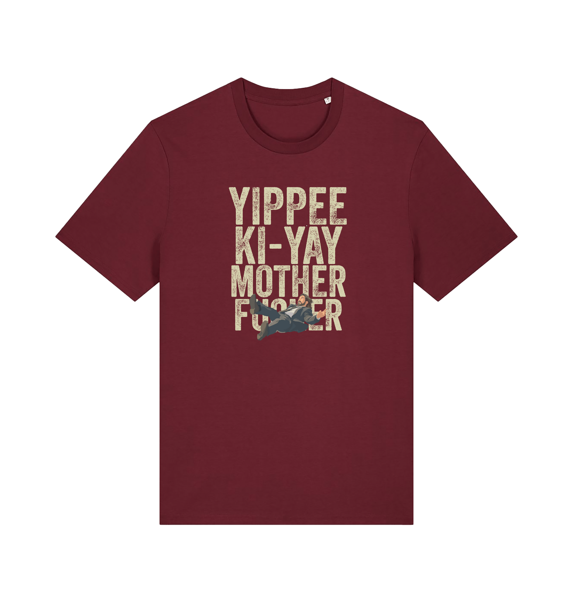burgundy christmas t-shirt with the graphic of a man falling and the slogan 'yippee ki-yay mother fucker'