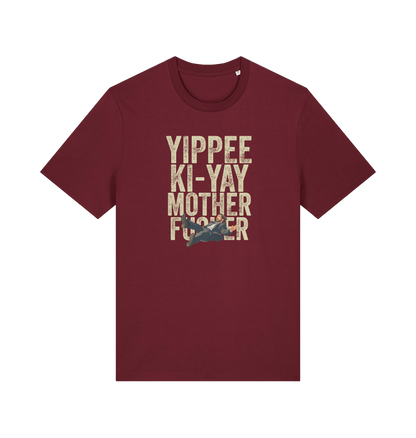 burgundy christmas t-shirt with the graphic of a man falling and the slogan 'yippee ki-yay mother fucker'