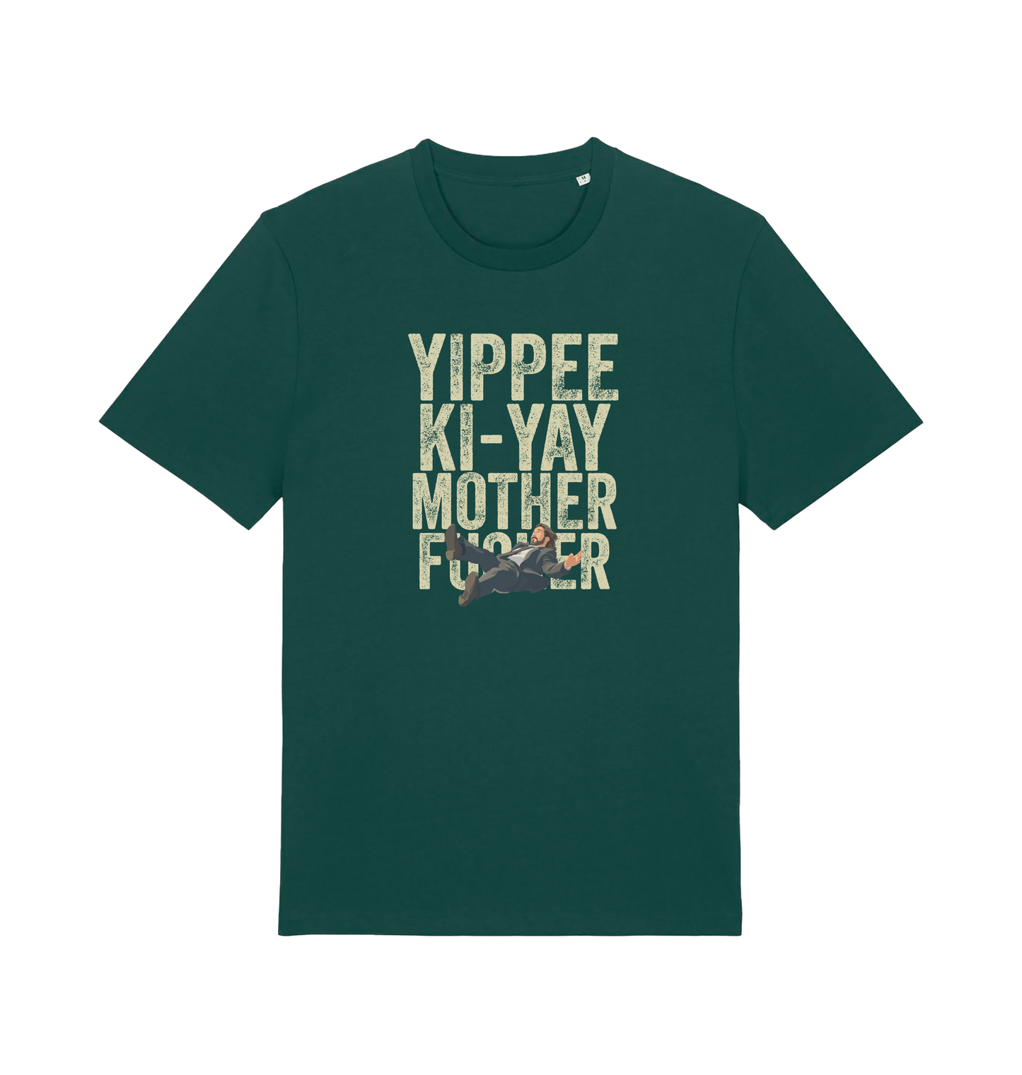 green christmas t-shirt with the graphic of a man falling and the slogan 'yippee ki-yay mother fucker'