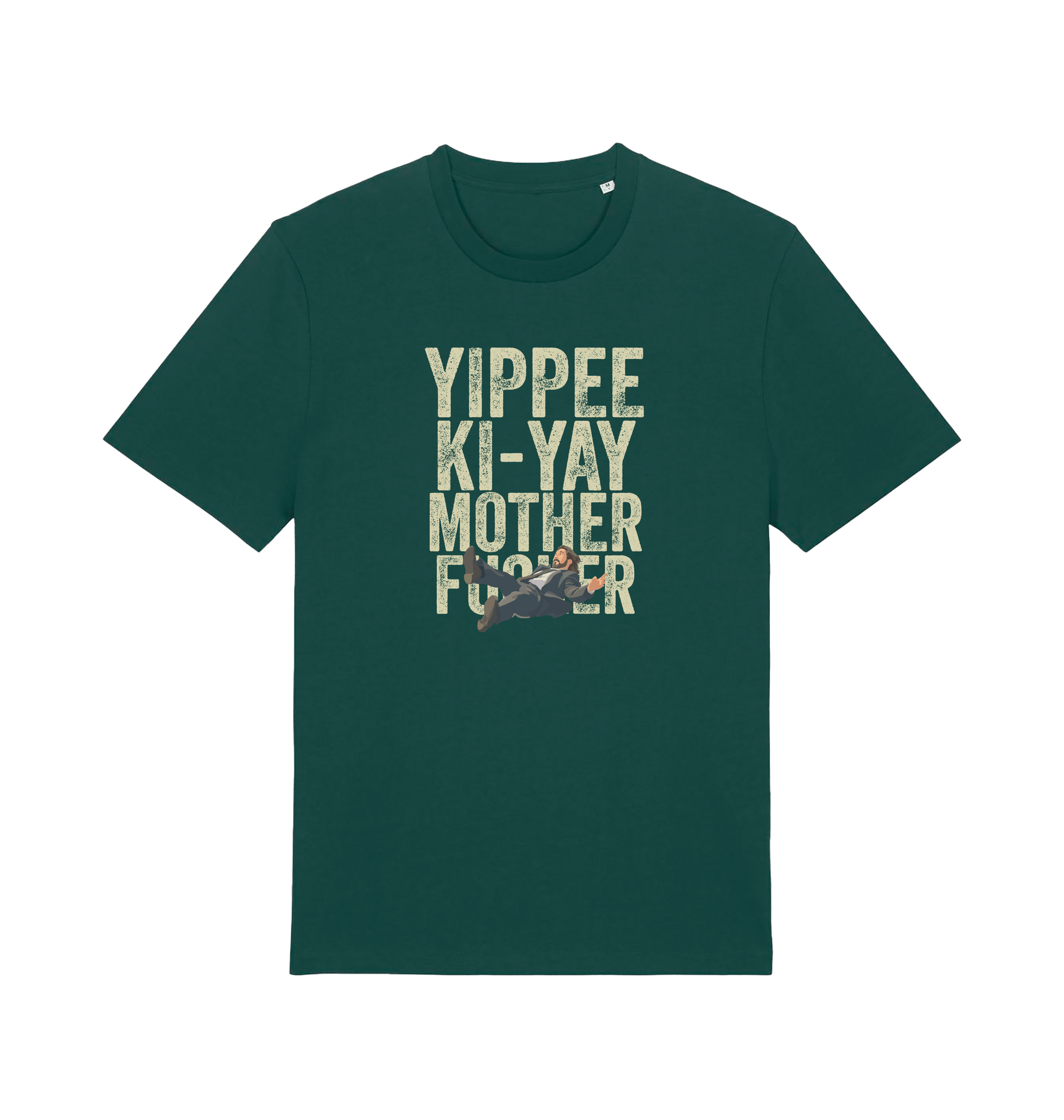green christmas t-shirt with the graphic of a man falling and the slogan 'yippee ki-yay mother fucker'