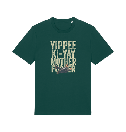 green christmas t-shirt with the graphic of a man falling and the slogan 'yippee ki-yay mother fucker'