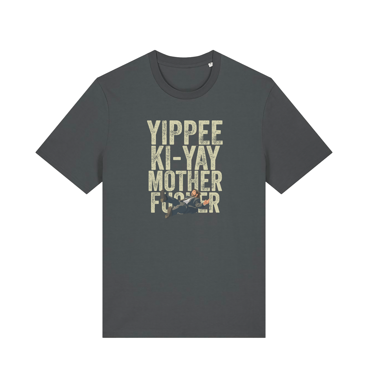 grey christmas t-shirt with the graphic of a man falling and the slogan 'yippee ki-yay mother fucker'