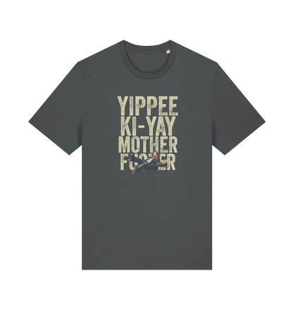 grey christmas t-shirt with the graphic of a man falling and the slogan 'yippee ki-yay mother fucker'