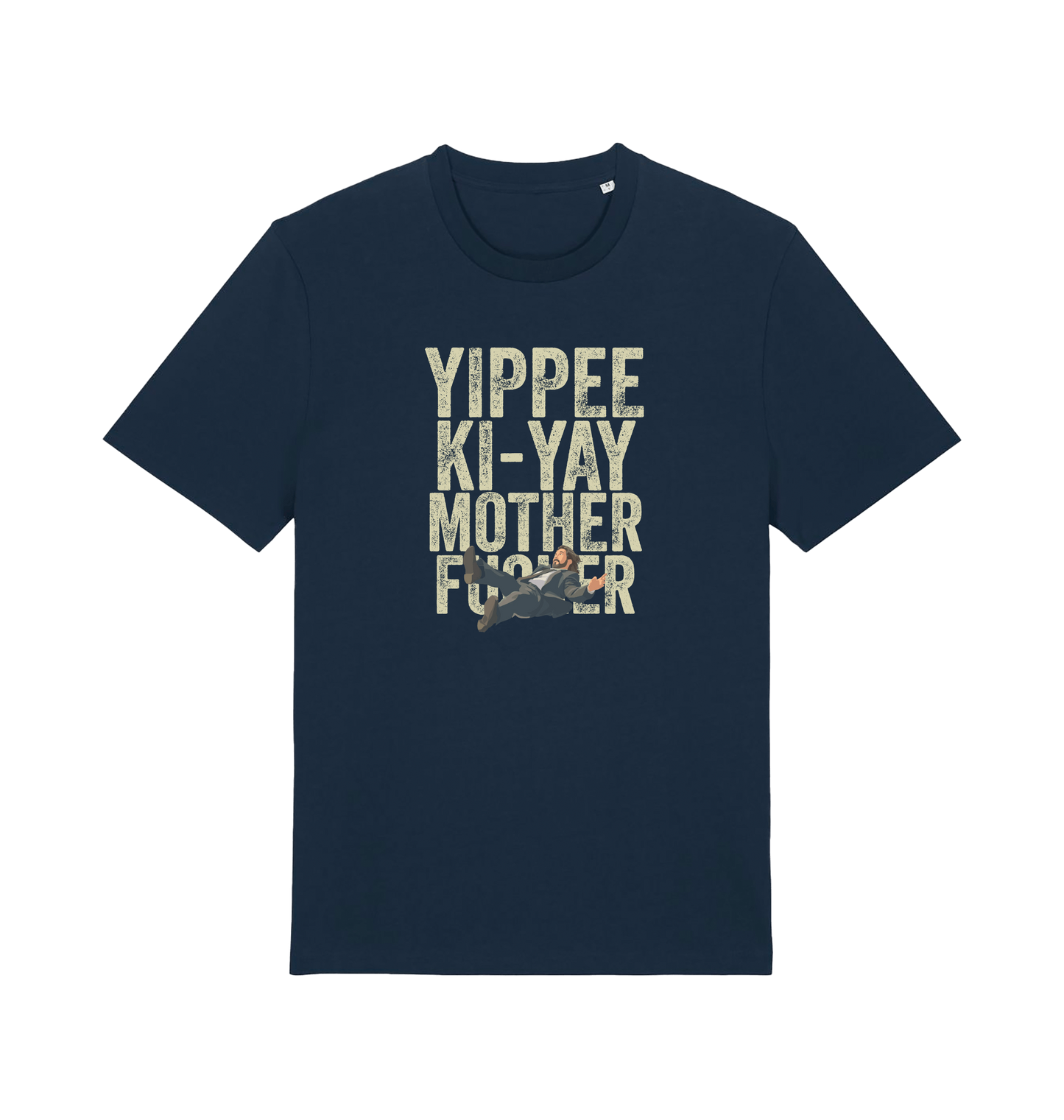navy christmas t-shirt with the graphic of a man falling and the slogan 'yippee ki-yay mother fucker'