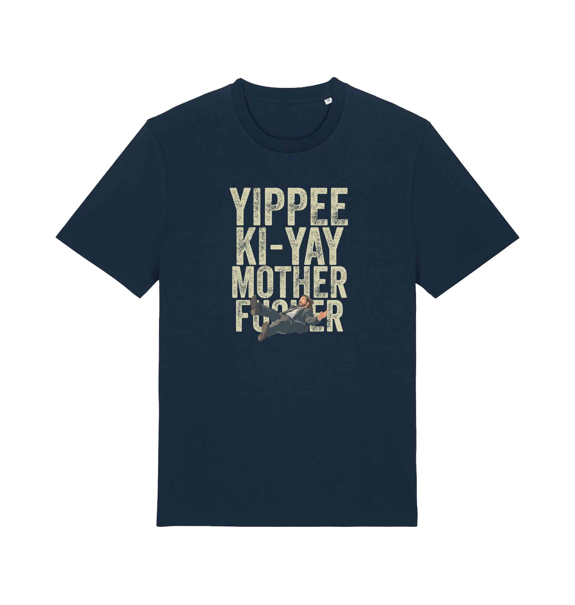 navy christmas t-shirt with the graphic of a man falling and the slogan 'yippee ki-yay mother fucker'