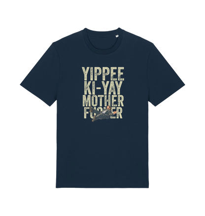 navy christmas t-shirt with the graphic of a man falling and the slogan 'yippee ki-yay mother fucker'