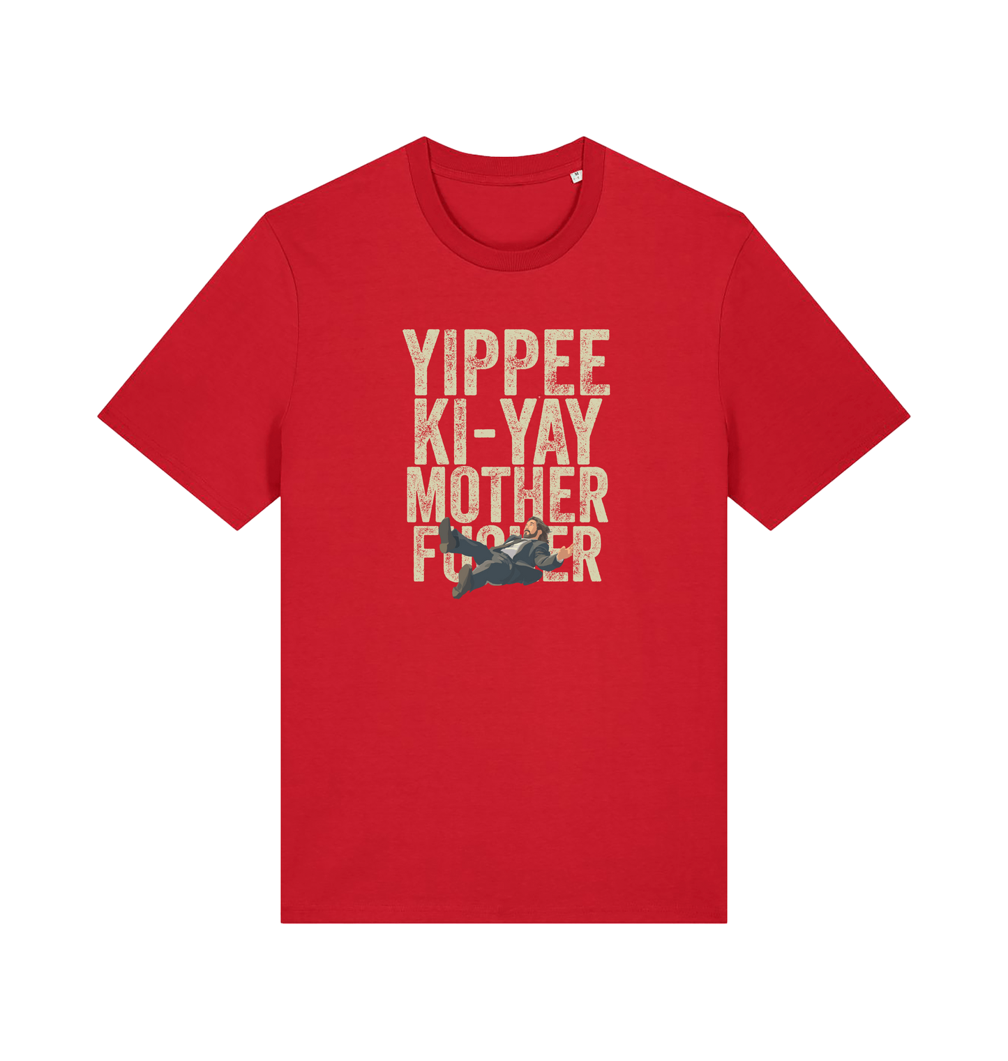 red christmas t-shirt with the graphic of a man falling and the slogan 'yippee ki-yay mother fucker'