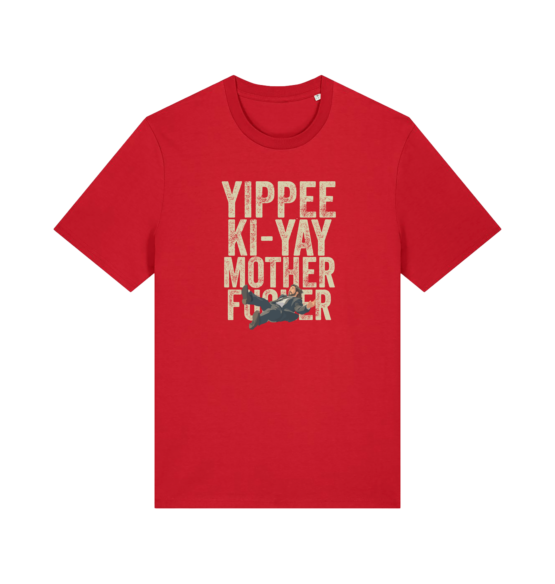 red christmas t-shirt with the graphic of a man falling and the slogan 'yippee ki-yay mother fucker'