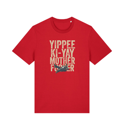 red christmas t-shirt with the graphic of a man falling and the slogan 'yippee ki-yay mother fucker'