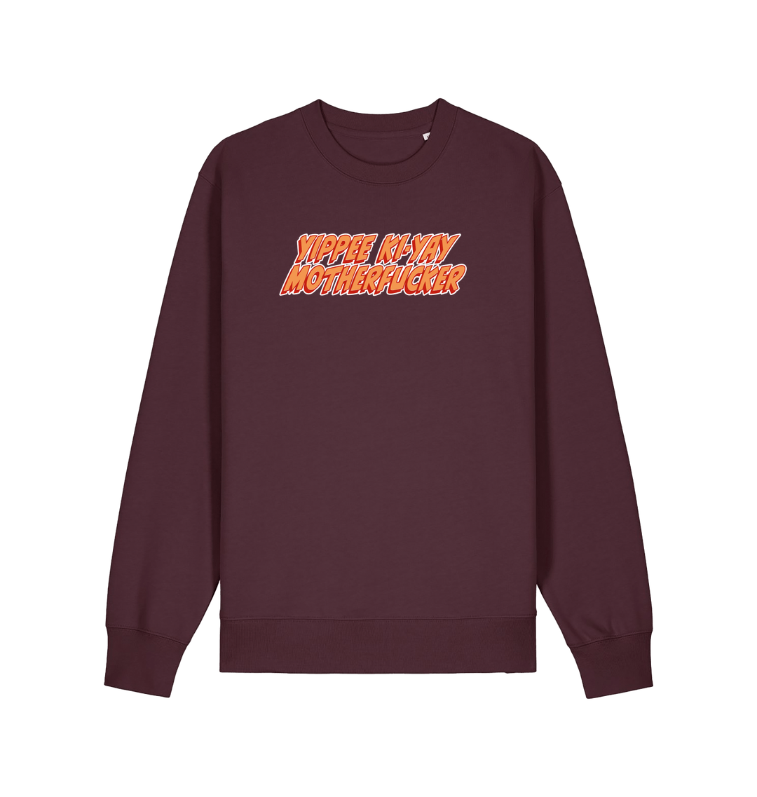 red brown christmas sweater with the slogan 'yippee ki-yay motherfucker