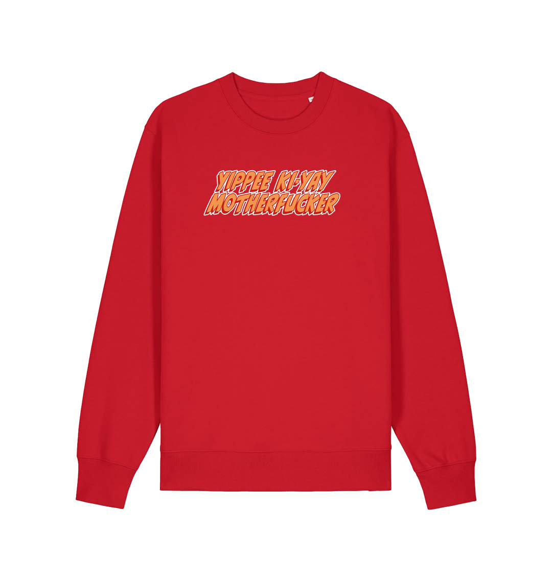 red christmas sweater with the slogan 'yippee ki-yay motherfucker