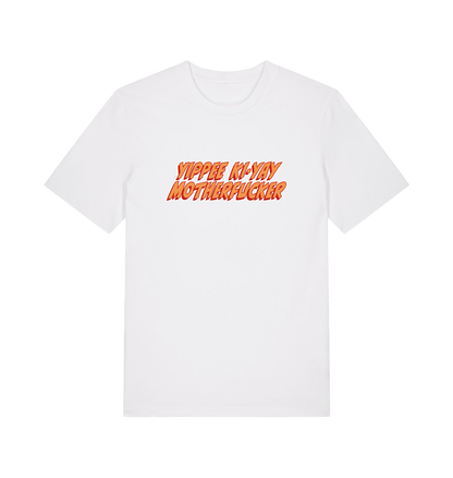 white movie t-shirt with the slogan 'yippee ki-yay motherfucker'