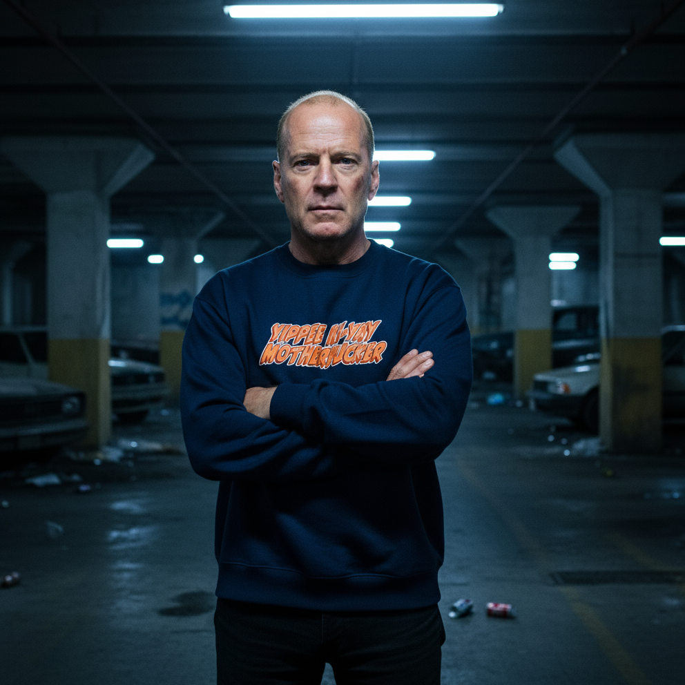 Man wearing a dark blue sweatshirt with text in an underground parking garage.