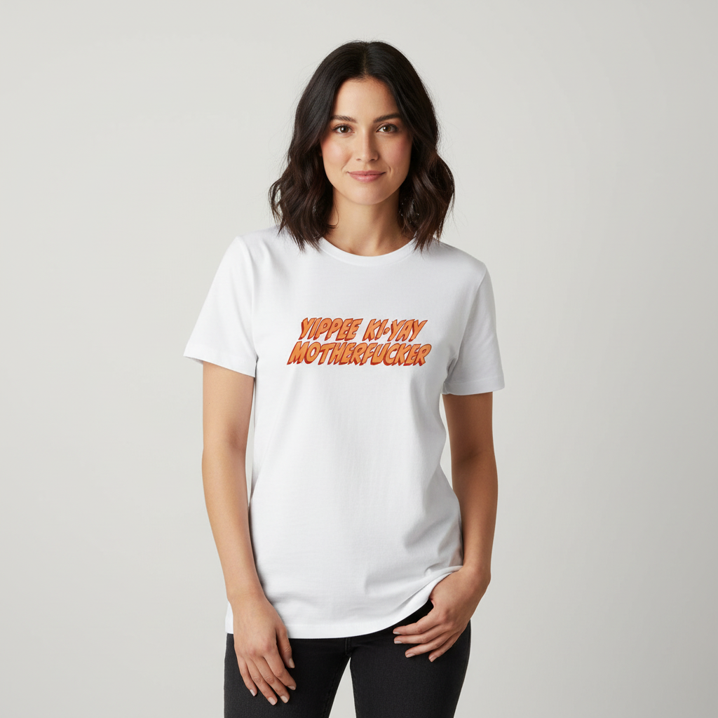 Person wearing a white t-shirt with colorful text on a plain background