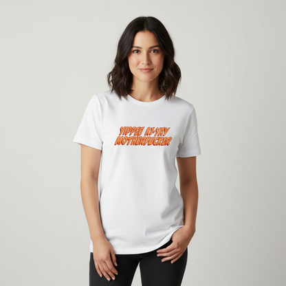 Person wearing a white t-shirt with colorful text on a plain background