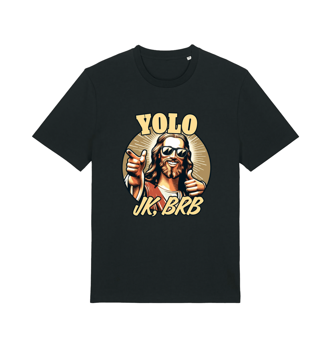 black funny jesus t-shirt with the graphic of jesus pointing a finger and the slogan 'yolo jk, brb'