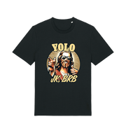 black funny jesus t-shirt with the graphic of jesus pointing a finger and the slogan 'yolo jk, brb'