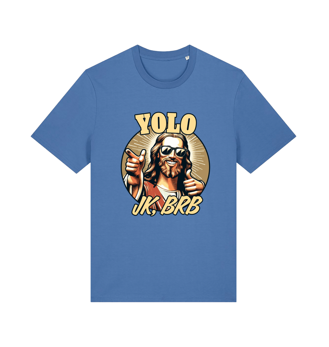 blue funny jesus t-shirt with the graphic of jesus pointing a finger and the slogan 'yolo jk, brb'