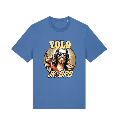 blue funny jesus t-shirt with the graphic of jesus pointing a finger and the slogan 'yolo jk, brb'