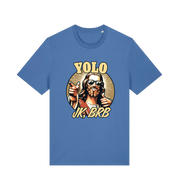 blue funny jesus t-shirt with the graphic of jesus pointing a finger and the slogan 'yolo jk, brb'