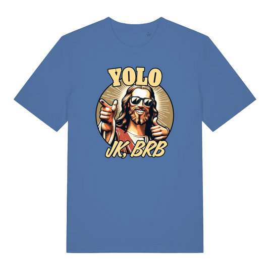 blue funny jesus t-shirt with the graphic of jesus in sunglasses pointing his finger and the slogan 'yolo jk brb'