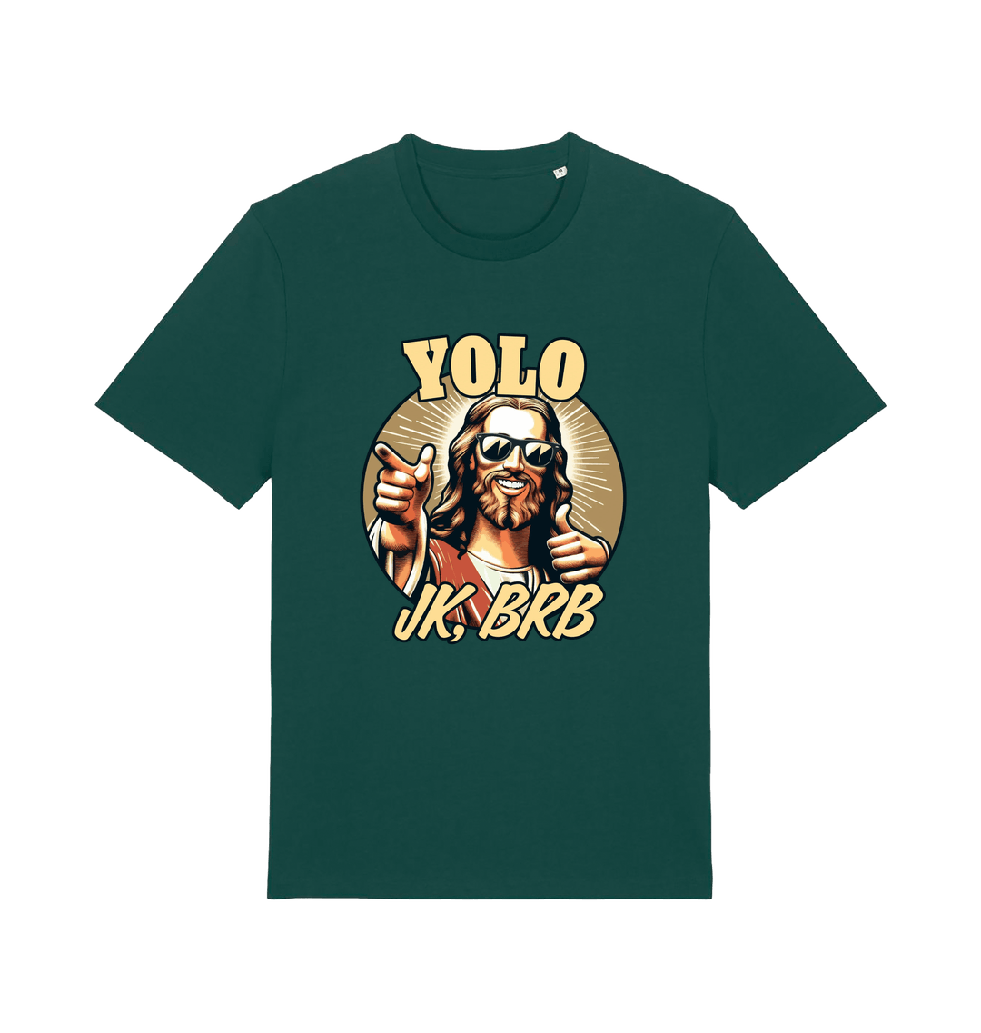 green funny jesus t-shirt with the graphic of jesus pointing a finger and the slogan 'yolo jk, brb'
