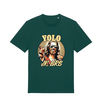 green funny jesus t-shirt with the graphic of jesus pointing a finger and the slogan 'yolo jk, brb'