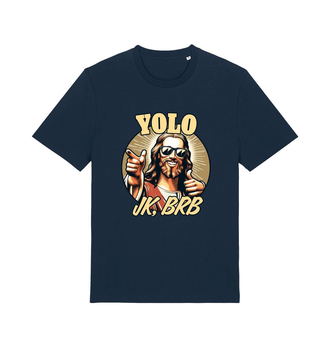 navy funny jesus t-shirt with the graphic of jesus pointing a finger and the slogan 'yolo jk, brb'