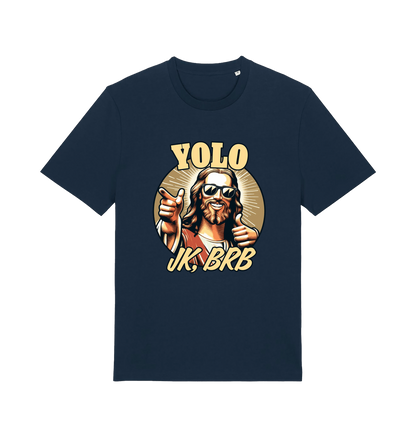 navy funny jesus t-shirt with the graphic of jesus pointing a finger and the slogan 'yolo jk, brb'
