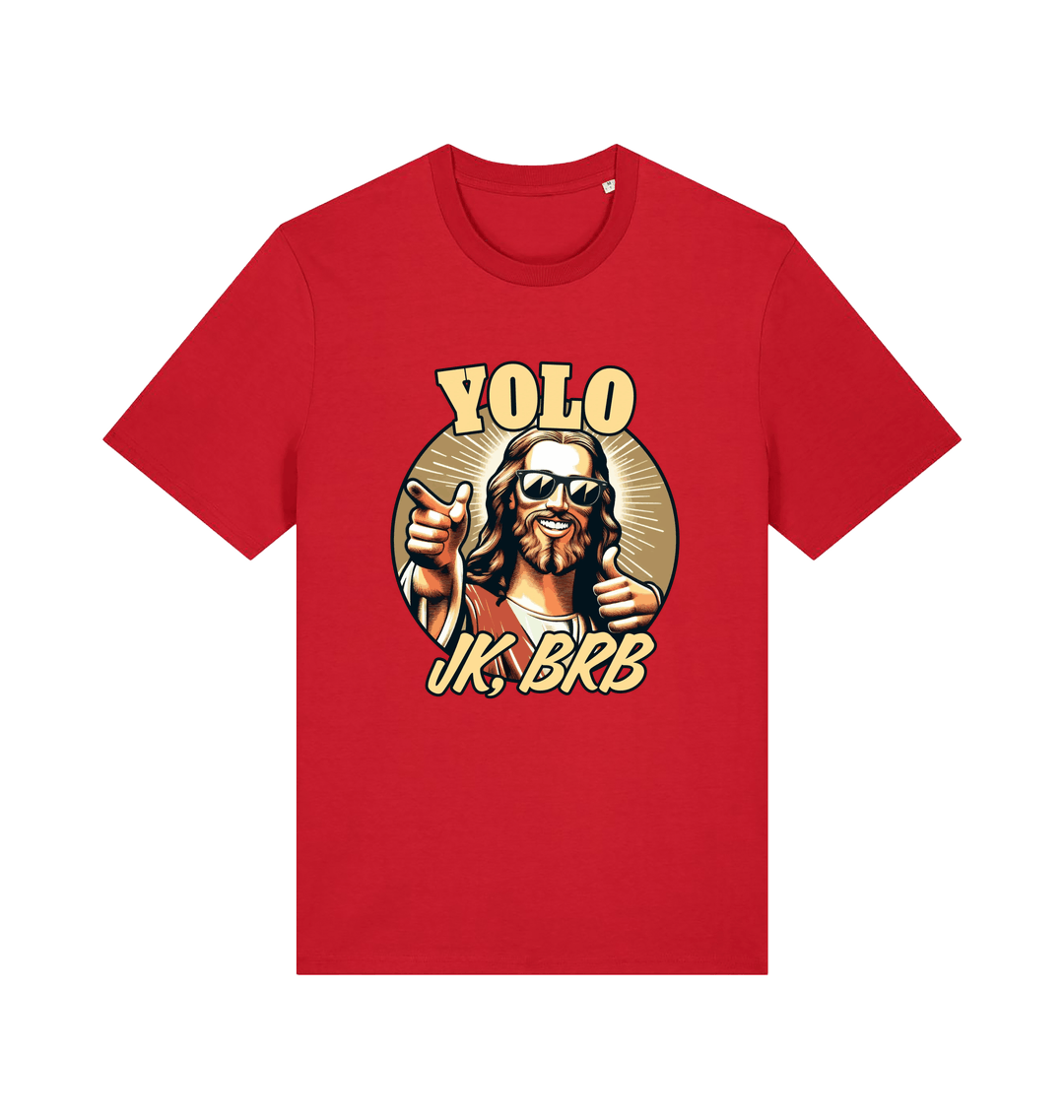 red funny jesus t-shirt with the graphic of jesus pointing a finger and the slogan 'yolo jk, brb'