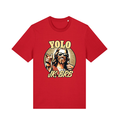 red funny jesus t-shirt with the graphic of jesus pointing a finger and the slogan 'yolo jk, brb'