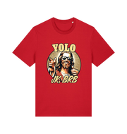 red funny jesus t-shirt with the graphic of jesus pointing a finger and the slogan 'yolo jk, brb'