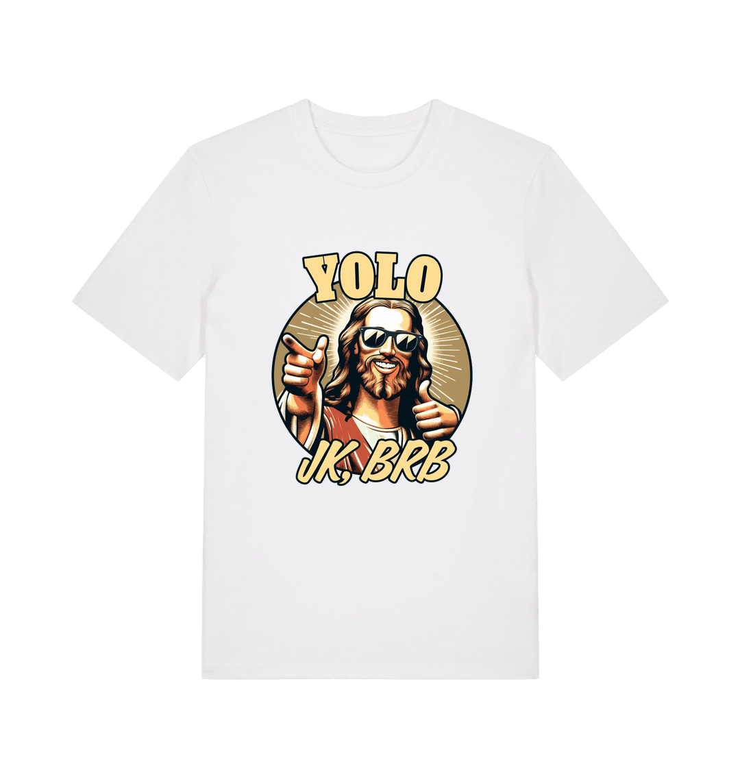white funny jesus t-shirt with the graphic of jesus pointing a finger and the slogan 'yolo jk, brb'