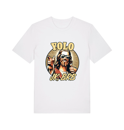 white funny jesus t-shirt with the graphic of jesus pointing a finger and the slogan 'yolo jk, brb'