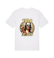 white funny jesus t-shirt with the graphic of jesus pointing a finger and the slogan 'yolo jk, brb'