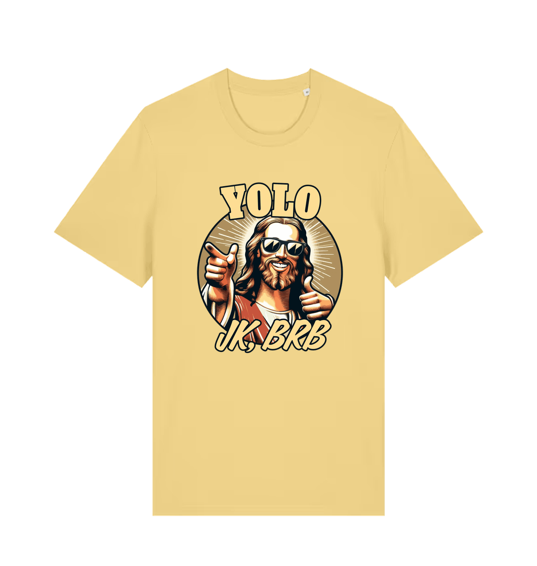 yellow funny jesus t-shirt with the graphic of jesus pointing a finger and the slogan 'yolo jk, brb'