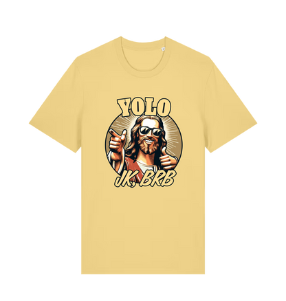 yellow funny jesus t-shirt with the graphic of jesus pointing a finger and the slogan 'yolo jk, brb'
