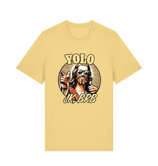 yellow funny jesus t-shirt with the graphic of jesus pointing a finger and the slogan 'yolo jk, brb'
