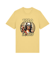 yellow funny jesus t-shirt with the graphic of jesus pointing a finger and the slogan 'yolo jk, brb'