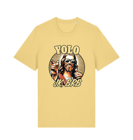yellow funny jesus t-shirt with the graphic of jesus pointing a finger and the slogan 'yolo jk, brb'