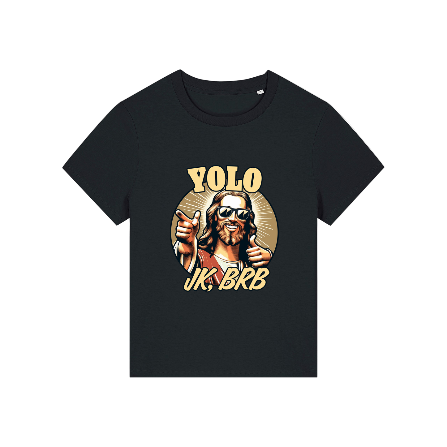 black funny jesus t-shirt with the graphic of jesus in sunglasses and the slogan 'yolo jk brb'