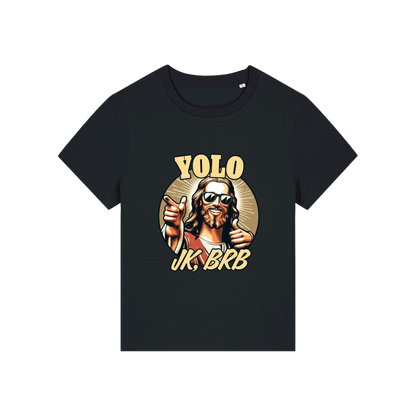 black funny jesus t-shirt with the graphic of jesus in sunglasses and the slogan 'yolo jk brb'