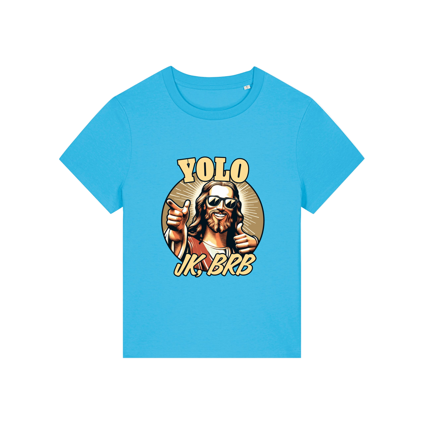blue funny jesus t-shirt with the graphic of jesus in sunglasses and the slogan 'yolo jk brb'