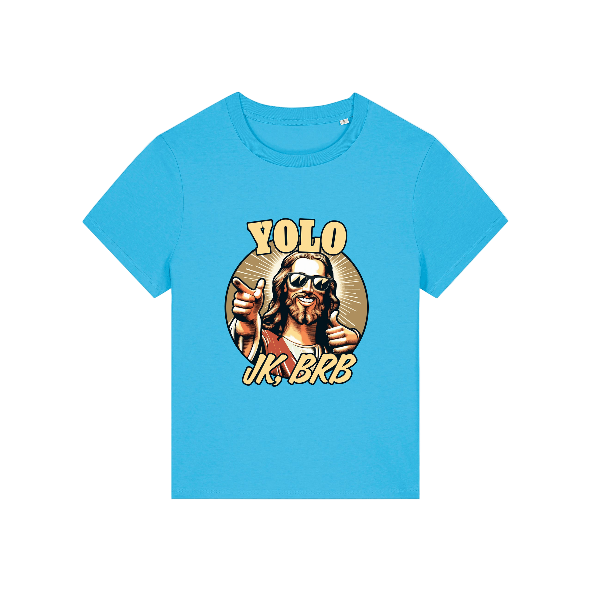 blue funny jesus t-shirt with the graphic of jesus in sunglasses and the slogan 'yolo jk brb'